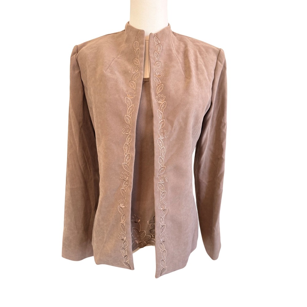 Studio I Taupe Faux Suede Embroidered Jacket & Tank Top Set Size 8
